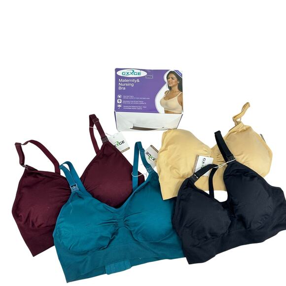 GXXGE Other - GXXGE Maternity Nursing Bra 4 pc Set Size L Black Tan Blue Burgundy Stretchy NEW
